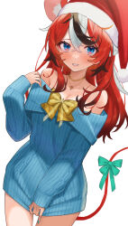  1girl animal_ears aotake_iro aran_sweater black_hair blue_bow blue_eyes blue_nails blue_sweater blush bow breasts brown_bow cable_knit cleavage covering_crotch covering_privates diagonal-striped_bow fur-trimmed_headwear fur_trim hair_between_eyes hakos_baelz hand_up hat highres hololive hololive_english long_hair long_sleeves looking_at_viewer medium_breasts mouse_ears mouse_girl mouse_tail multicolored_hair nail_polish off-shoulder_sweater off_shoulder parted_lips red_hair red_hat ribbed_sweater santa_hat simple_background sleeves_past_wrists smile solo streaked_hair sweat sweater tail tail_bow tail_ornament two-tone_hair virtual_youtuber white_background white_hair  rating:Sensitive score:4 user:danbooru
