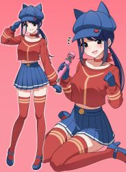  1girl animal_ear_headwear animal_ears black_eyes blue_gloves blue_hair blue_hat blue_shoes blue_skirt blush bow bow_choker choker commentary commission cool_mita_(miside) crop_top crop_top_overhang dildo english_commentary fake_animal_ears flying_sweatdrops gloves hands_up hat high_heels highres hitachi_magic_wand holding holding_sex_toy long_hair long_sleeves looking_at_viewer low_ponytail mark_under_eye midriff miside mita_(miside) multiple_views nanju_bami newsboy_cap open_mouth pink_background ponytail red_bow red_choker red_shirt red_thighhighs sex_toy shirt shoes simple_background sitting skirt smile tattoo teardrop_facial_mark teardrop_tattoo thighhighs thighs vibrator wariza zettai_ryouiki 
