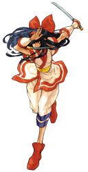 1girl absurdres ainu ainu_clothes black_hair bow capcom_vs_snk_2 detached_sleeves game_cg hair_bow hairband hand_up highres huge_bow kodachi long_hair nakoruru nishimura_kinu non-web_source official_art red_hairband reverse_grip running samurai_spirits short_sword snk solo sword the_king_of_fighters weapon