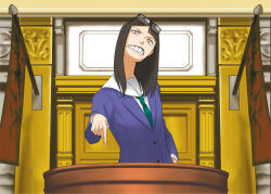  1girl ace_attorney asymmetrical_bangs black_hair courtroom eizouken_ni_wa_te_wo_dasu_na! eyewear_on_head flag freckles glasses kanamori_sayaka long_sleeves m0s0z necktie parody podium school_uniform shibahama_high_school_uniform solo style_parody teeth  rating:General score:9 user:danbooru