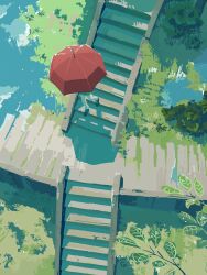  1boy after_rain ambiguous_gender black_shoes day grass highres landscape leaf original outdoors pants scenery shoes solo stairs umbrella user_hach3437 walking white_pants 