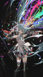  1girl :d absurdres black_skirt black_thighhighs blue_eyes detached_sleeves floating_hair gun handgun hatsune_miku highres holding holding_gun holding_weapon kieed long_hair long_sleeves md5_mismatch open_mouth shards shirt skirt sleeveless sleeveless_shirt smile solo thighhighs twintails very_long_hair vocaloid weapon 