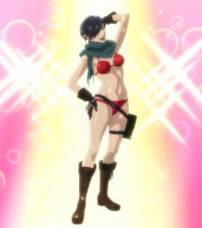  1girl amanda_c&eacute;line_miller anime_screenshot arm_behind_head bennett_abara bikini black_hair boots breasts curvy dark_teal_scarf female_focus full_body gloves hand_on_own_hip highres jackass_(nier:automata) kawabuchi_kaori knee_boots large_breasts legs midriff model_pose navel nier:automata nier:automata_ver1.1a nier_(series) red_bikini scarf stitched swimsuit tan thighs third-party_edit voice_actor_connection 