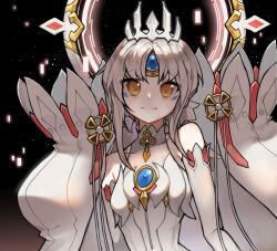  1girl android bare_shoulders black_background blue_gemstone cape chest_jewel code:_esencia_(elsword) crown_hair_ornament detached_sleeves dress elsword eve_(elsword) floating_cape forehead_jewel gem halo halterneck highres jewelry leegal_kkyu looking_at_viewer sidelocks simple_background sleeveless sleeveless_dress smile solo upper_body white_cape white_dress white_hair white_sleeves yellow_eyes 