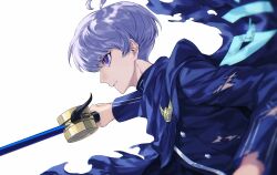  1boy ahoge blue_cape blue_jacket blurry cape chinese_commentary commentary_request depth_of_field from_side highres holding holding_sword holding_weapon jacket long_sleeves male_focus master_detective_archives:_rain_code profile purple_eyes purple_hair richost short_hair simple_background solo sword symbol_in_eye torn_cape torn_clothes upper_body weapon white_background yuma_kokohead 