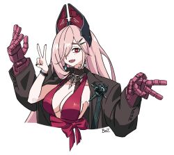  1girl bastetris bracelet breasts coat double_v dress fang girls&#039;_frontline highres jewelry long_hair mechanical_arms open_clothes open_coat open_mouth pink_hair red_dress red_eyes sig_mcx_(girls&#039;_frontline) simple_background skin_fang solo upper_body v white_background 