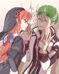  1boy 1girl against_wall anger_vein arms_up closed_mouth coif commentary_request eiyuu_densetsu green_hair highres kevin_graham long_hair looking_at_another nun open_mouth pink_hair ries_argent short_hair smile sora_no_kiseki standing v-shaped_eyebrows willfin 