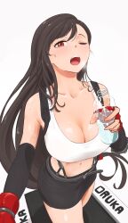  1girl absurdres black_hair black_skirt bottle breasts cleavage earrings elbow_gloves elbow_pads final_fantasy final_fantasy_vii final_fantasy_vii_remake fingerless_gloves gloves highres holding holding_bottle jewelry large_breasts long_hair looking_at_viewer midriff navel one_eye_closed open_mouth red_eyes selfie single_elbow_pad skirt solo suspender_skirt suspenders sweat tank_top tifa_lockhart water_bottle white_tank_top wolkat 