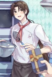  1boy 1other akasaka_keiichirou apron bishounen black_apron blueskytake blush bowl brown_eyes brown_hair commentary_request cooking gift happy_birthday highres holding holding_bowl holding_whisk long_hair low_ponytail male_focus necktie out_of_frame ponytail pov pov_hands red_necktie shirt smile solo_focus tokyo_mew_mew very_long_hair whisk white_shirt 