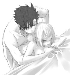 1boy 1girl bed_sheet blush breasts closed_eyes collarbone greyscale haikyuu!! heavy_breathing hetero implied_sex kuroo_tetsurou manly monochrome namo nose_blush nude open_mouth sheet_grab short_hair sidelocks small_breasts spiked_hair yachi_hitoka rating:Explicit score:35 user:danbooru