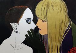  1boy 1girl 59awakadoy black_background black_eyeshadow black_gloves black_lips blunt_bangs brown_hair closed_eyes clothed_male_nude_female collarbone commentary_request earrings eyeshadow facing_another gloves green_eyes hand_on_another&#039;s_cheek hand_on_another&#039;s_face highres jewelry lipstick long_hair makeup nude original pearl_earrings portrait purple_lips short_hair traditional_media very_short_hair 