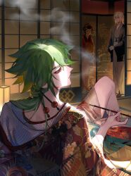  1girl 2boys absurdres alternate_costume aotu_world architecture beads chinese_commentary closed_mouth east_asian_architecture eyelashes floral_print from_behind green_hair grey_kimono hair_ornament hat highres holding holding_smoking_pipe indoors japanese_clothes jewelry kimono kiseru long_hair long_sleeves looking_at_another looking_back low_ponytail macchiato_bi_guanzhong makeup male_focus multiple_boys ponytail profile red_eyes red_kimono short_hair shouji sideways_glance sitting sliding_doors smoke smoking smoking_pipe solo_focus standing white_hair wide_sleeves xander_(aotu_world) yaoi zain_(aotu_world) 