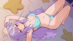  1girl absurdres bikini blush bonnou_peace bow bow_panties breasts commission green_bikini green_panties hair_between_eyes highres long_hair looking_at_viewer lying mono_monet multicolored_hair on_back open_mouth panties pink_eyes purple_hair skeb_commission solo solo_focus swimsuit underwear underwear_only v4mirai 