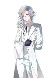  2boys animal animal_on_shoulder animalization aotsuki_eito arm_behind_back black_gloves bow bowtie butler collared_shirt cowboy_shot dual_persona gem glasses gloves grey_hair highres kurenaikiyumi looking_at_viewer male_focus multiple_boys octopus pants purple_eyes shirt short_hair simple_background smile tailcoat the_hundred_line_-last_defense_academy- towel towel_on_arm vest white_background white_bow white_bowtie white_gemstone white_pants white_shirt white_tailcoat white_vest 
