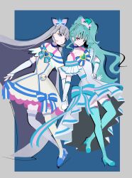  2girls :o absurdly_long_hair absurdres aqua_bow aqua_bowtie aqua_hair aqua_hat aqua_thighhighs bag_bow bare_shoulders blue_background blue_bow blue_bowtie blue_brooch blue_choker blue_crown blue_eyes blue_shoes blue_sleeves blunt_bangs blunt_ends border bow bow_choker bow_legwear bowtie brooch choker closed_mouth clothing_cutout collarbone crown cure_lillian cure_nyammy dress expressionless eyelashes feather-trimmed_sleeves floating_hair frilled_arm_warmers frilled_thigh_strap full_body fur-trimmed_headwear fur_trim green_brooch grey_border grey_hair grey_hairband hair_bow hairband hand_on_own_hip hat hat_bow heart heart_brooch high_heels high_side_ponytail highres holding_hands jewelry lace lace-trimmed_dress lace_trim long_hair looking_at_another madofuki magical_girl mini_crown mini_hat mini_top_hat multicolored_bow multiple_girls nekoyashiki_mayu nekoyashiki_yuki outside_border parted_lips pink_bow pink_eyes precure pumps shoes short_dress short_sleeves shoulder_cutout single_stripe smile standing straight_hair striped_bow striped_bowtie striped_clothes striped_sleeves thigh_strap thighhighs top_hat tsurime very_long_hair waist_bag wavy_hair white_arm_warmers white_bag white_dress white_thighhighs wonderful_precure! 