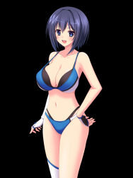  1girl bikini black_background blue_bikini blue_eyes blue_hair breasts cleavage dolphin_wave elbow_gloves fingerless_gloves gloves large_breasts layered_bikini navel open_mouth sakurai_ronoyuki simple_background solo swimsuit thighhighs thighs tojou_michiru  rating:Questionable score:13 user:SwitchOledDX