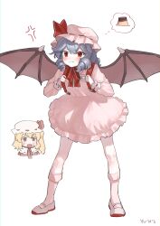  2girls absurdres alternate_hairstyle anger_vein angry animal_print bat_print bat_wings blonde_hair blue_hair blush cindy717 closed_mouth commentary dress drill_hair fang fang_out flandre_scarlet food food_on_face hat hat_ribbon highres long_sleeves mob_cap multiple_girls name_tag open_mouth pants pink_dress pink_hat pink_pants pudding red_eyes red_ribbon remilia_scarlet ribbon shoes siblings side_drill signature sisters sweatdrop touhou white_hat white_shoes wings 