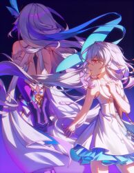  1girl absurdres age_comparison back bare_shoulders breasts chinese_commentary collarbone commentary_request dress dual_persona genshin_impact hair_ornament highres long_hair looking_at_another parted_lips purple_hair shoulder_blades skirk_(genshin_impact) slowfrost small_breasts thighs white_dress 