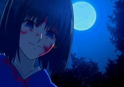  1girl black_hair blood blood_on_clothes blood_on_face blue_kimono full_moon highres japanese_clothes kara_no_kyoukai kimono looking_at_viewer masatoshi_ikeda_(uug28aiuopy2six) moon night ryougi_shiki short_hair smile solo 