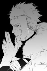  1boy armor black_background closed_mouth greyscale japanese_armor konohagakure_symbol male_focus monochrome naruto_(classic) naruto_(series) ninja senju_tobirama short_hair simple_background solo spiked_hair zifletts 
