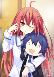 1girl ahoge binato_lulu black_necktie blue_hair character_doll commission date_a_live doll door indoors itsuka_kotori itsuka_shido long_hair long_sleeves necktie one_eye_closed open_mouth pixiv_commission raizen_high_school_uniform red_eyes red_hair school_uniform shirt stuffed_toy white_shirt rating:General score:6 user:danbooru