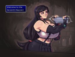  1girl alternate_breast_size bar_(place) bare_shoulders black_gloves black_hair black_skirt black_sports_bra blue_gemstone bracelet breasts cleavage cocktail_shaker crop_top dialogue_box elbow_gloves english_text final_fantasy final_fantasy_vii final_fantasy_vii_remake fingerless_gloves gem gloves green_gemstone highres holding_shaker huge_breasts jewelry long_hair low-tied_long_hair materia midriff muscular muscular_female navel scar scar_on_stomach shaking skirt smile solo sports_bra suspender_skirt suspenders tank_top thedansome tifa_lockhart white_tank_top  rating:Sensitive score:18 user:danbooru