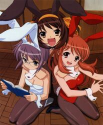  3girls animal_ears arms_around_another&#039;s_neck asahina_mikuru black_shoes book breasts brown_hair cleavage detached_collar detached_sleeves embarrassed fake_animal_ears glasses high_heels highres ikeda_shouko legs leotard looking_at_viewer multiple_girls nagato_yuki official_art open_mouth orange_hair pantyhose playboy_bunny purple_hair reading shoes suzumiya_haruhi suzumiya_haruhi_no_yuuutsu tears white_shoes 