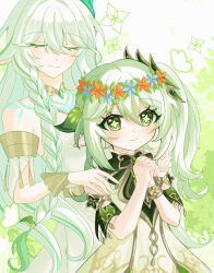  2girls bare_shoulders blue_flower blush body_markings bracelet closed_eyes closed_mouth commentary detached_sleeves dress flower flower_wreath genshin_impact gold_trim gradient_hair green_eyes green_hair green_sleeves hair_between_eyes hair_ornament hands_on_another&#039;s_shoulders head_wreath highres jewelry leaf_hair_ornament long_hair multicolored_hair multiple_girls nahida_(genshin_impact) own_hands_together pointy_ears red_flower rukkhadevata_(genshin_impact) shuwa_show side_ponytail sleeveless sleeveless_dress smile star-shaped_pupils star_(symbol) streaked_hair symbol-shaped_pupils very_long_hair white_dress white_hair 