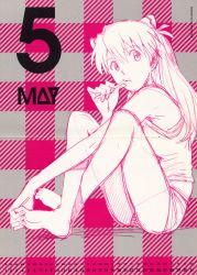  00s 1girl absurdres ass barefoot blue_eyes bra breasts brushing_teeth calendar crossed_legs cup feet female_focus full_body hair_ornament highres indian_style lingerie long_hair looking_away monochrome neon_genesis_evangelion official_art rebuild_of_evangelion ribbon shadow shorts simple_background sitting solo souryuu_asuka_langley tank_top toes toothbrush tsurumaki_kazuya twintails underwear 