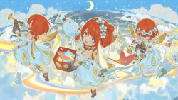  3girls absurdres asymmetrical_footwear balance_scale bird black_gloves blue_boots blue_dress boots braid brown_boots chinese_commentary commentary_request crescent_moon cross-shaped_pupils dress flower gloves golden_wings hair_flower hair_ornament highres holding holding_letter honkai:_star_rail honkai_(series) instrument letter mismatched_footwear moon multiple_girls music playing_instrument rabbit rainbow_road red_hair star_(sky) symbol-shaped_pupils trianne_(honkai:_star_rail) tribbie_(honkai:_star_rail) trinnon_(honkai:_star_rail) triplets trumpet weighing_scale white_bird winged_boots yuyin_(uzrv7533) 