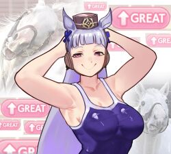  1girl absurdres animal_ears armpits arms_behind_head bare_arms blunt_bangs breasts brown_hat closed_mouth collarbone commentary english_commentary gold_ship_(umamusume) hat highres horse_ears horse_girl long_hair looking_at_viewer medium_breasts nusekiiii one-piece_swimsuit pink_eyes purple_hair purple_one-piece_swimsuit smile solo swimsuit umamusume upper_body 