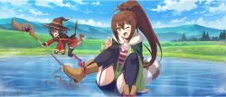  2girls arm_support bandaged_leg bandages belt black_belt black_choker black_cloak black_gloves black_hat black_shorts black_thighhighs blue_sky boots brown_boots brown_hair cape choker cloak cloud cloudy_sky day dress fallen_down fingerless_gloves fur-trimmed_cape fur_trim game_cg garter_straps gloves green_cape green_eyes green_jacket hair_belt hair_between_eyes hat high_ponytail highres holding holding_staff ice jacket kono_subarashii_sekai_ni_shukufuku_wo! konosuba!_fantastic_days lean_(konosuba) light_blush long_hair long_sleeves looking_at_viewer mage_staff megumin mountain mountainous_horizon multiple_girls official_art on_ground one_eye_closed open_mouth outdoors partially_unzipped pink_shirt ponytail raccoon_tail red_dress red_eyes shade shirt short_dress short_hair short_hair_with_long_locks short_shorts shorts sidelocks single_thighhigh sky slipping staff striped_clothes striped_shirt tail thighhighs thighs witch_hat 