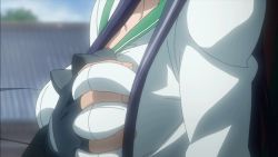1boy 1girl animated animated_gif breasts busujima_saeko deep_skin gloves grabbing_another&#039;s_breast groping hetero highschool_of_the_dead komuro_takashi large_breasts long_hair purple_hair standing rating:Questionable score:88 user:arutos
