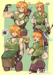  1girl alex_(minecraft) apple arrow_(projectile) artist_name back bandages bare_shoulders belt border breasts character_name english_text facing_back fingerless_gloves flexing food fruit gloves golden_apple grass_block green_background green_border heterochromia highres looking_at_viewer looking_to_the_side medium_breasts minecraft open_mouth pickaxe potion quiver scar sfour_s4 smile solo speech_bubble sweat 