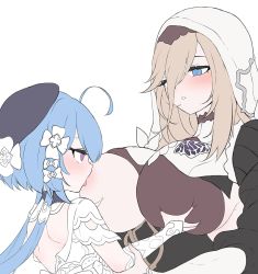  2girls age_difference aponia back beret blue_eyes blue_hair blush breast_curtain breast_sucking breasts brown_hair daram_(shappydude) female_focus flat_color grabbing_another&#039;s_breast griseo griseo_(starry_impression) groping hair_ornament hat honkai_(series) honkai_impact_3rd korean_commentary large_breasts loli long_bangs looking_at_another mole mole_under_eye multiple_girls nun one_breast_out onee-loli parted_lips purple_eyes simple_background sketch tongue veil white_background yuri  rating:Questionable score:136 user:danbooru