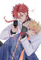  2boys aiming aiming_at_viewer black_hair black_shirt blonde_hair blue_jacket bracelet braid chinese_knot collared_shirt earrings english_text gun hair_between_eyes hand_in_another&#039;s_hair hand_on_another&#039;s_head handgun highres holding holding_gun holding_weapon hug hug_from_behind jacket jewelry long_hair long_sleeves looking_at_viewer male_focus multicolored_hair multiple_boys open_mouth pants red_eyes red_hair shiguang_dailiren shirt short_hair simple_background single_braid single_earring sleeves_past_wrists smile tassel tassel_earrings turtleneck twitter_username watermark weapon white_background white_shirt xia_fei xiao_weiying yaoi yellow_eyes zipper zir_link 