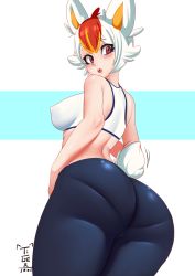 1girl animal_ears ass bare_shoulders blush breasts buruma cameltoe cinderace from_behind gen_8_pokemon highres huge_ass large_breasts looking_at_viewer looking_back looking_down multicolored_hair nintendo open_mouth pants personification pokemon pokemon_(creature) red_eyes red_hair shiny_clothes shiny_skin short_hair sideboob silver_hair solo sports_bra standing tail thick_thighs thighs tiger1001 yoga_pants rating:Questionable score:49 user:armorcrystal