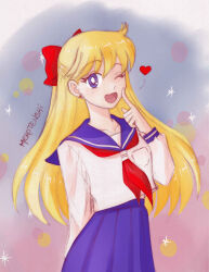  1girl ;d absurdres aino_minako artist_name bishoujo_senshi_sailor_moon blonde_hair blue_sailor_collar blue_skirt bow breast_pocket collarbone commentary cowboy_shot earrings english_commentary hair_bow half_updo hashtag-only_commentary heart highres jewelry long_hair long_sleeves merotenshi one_eye_closed open_mouth pleated_skirt pocket red_bow sailor_collar school_uniform shiba_koen_middle_school_uniform signature skirt smile solo 
