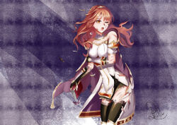  1girl armor black_skirt black_thighhighs book breastplate breasts cape celica_(fire_emblem) choker damaged dress fingerless_gloves fire_emblem fire_emblem_echoes:_shadows_of_valentia gloves highres holding holding_book long_hair medium_breasts nintendo one_eye_closed orange_eyes orange_hair pain phalc0 princess red_eyes red_hair ryona skirt solo thighhighs tiara torn_clothes white_armor white_dress 