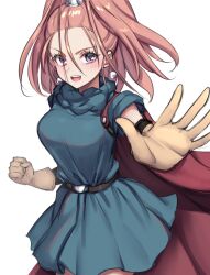  1girl :d aqua_tunic barbara_(dq6) cape clenched_hand commentary cowboy_shot dragon_quest dragon_quest_vi earrings floating_clothes floating_hair gloves hair_pulled_back hair_tubes haniwa_(8241427) high_ponytail highres jewelry looking_to_the_side metal_hair_tubes open_mouth orange_hair ponytail purple_eyes red_cape smile solo sphere_earrings tunic white_background yellow_gloves 