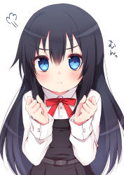  &gt;:&lt; 1girl absurdres asashio_(kancolle) black_hair blue_eyes commentary_request cowboy_shot dress female_focus highres kantai_collection long_hair long_sleeves looking_at_viewer neck_ribbon pinafore_dress red_ribbon ribbon shirt simple_background sleeveless sleeveless_dress solo v-shaped_eyebrows white_background white_shirt yuuzaki 