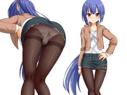  1girl arm_at_side ass blue_hair blush brown_jacket brown_pantyhose cameltoe casual closed_mouth commentary_request commission denim denim_skirt feet_out_of_frame from_below hair_between_eyes hand_on_own_hip highres jacket kneepits leaning_forward long_hair long_sleeves looking_at_viewer miniskirt multiple_views nagamitsu_maya noble_works open_clothes open_jacket paid_reward_available panties panties_under_pantyhose pantyhose pencil_skirt pixiv_commission ponytail red_eyes shirt sidelocks simple_background skirt smile split_mouth standing straight_hair tamba_i thighband_pantyhose thighs torn_clothes torn_skirt underwear upskirt very_long_hair white_background white_shirt 