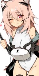  1girl absurdres animal_ear_fluff animal_ears arknights armor blush breastplate breasts cleavage commentary_request gravel_(arknights) hair_between_eyes hair_ornament hairclip headset heart highres holding holding_weapon jacket kinbakuman long_hair looking_at_viewer microphone navel nose_blush off-shoulder_jacket off_shoulder one_eye_closed open_clothes open_jacket pink_eyes pink_hair skindentation smile solo thighhighs unitard upper_body weapon white_background 