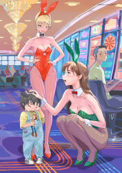  2boys 2girls amatiz animal_ears black_hair blonde_hair breasts brown_hair casino chandelier commentary cowboy_hat crying detached_collar fake_animal_ears green_leotard hat highres indoors leotard long_hair looking_to_the_side medium_breasts multiple_boys multiple_girls original overalls pantyhose people playboy_bunny rabbit_ears red_leotard sheriff_woody short_hair slot_machine smile strapless strapless_leotard toddler toy toy_story watermark web_address wrist_cuffs 