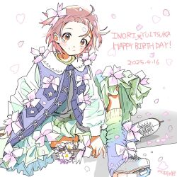  1girl brown_eyes brown_hair cherry_blossoms double_bun flower hair_bun hair_ornament happy happy_birthday highres jacket looking_at_viewer medalist_(manga) purple_jacket roller_skates short_hair skates socks tsuruma_ikada white_flower yuitsuka_inori 
