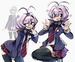  1other ahoge androgynous antenna_hair antennae artist_name blouse blush breasts brown_eyes curvy enby_colors enby_flag eyes_visible_through_hair fang female_focus heart itan_private_high_school_uniform komi-san_wa_komyushou_desu long_sleeves necktie no_nose non-binary_flag nose_blush osana_najimi_(komi-san_wa_komyushou_desu) oversized_clothes peace_symbol pulling_own_clothes purple_hair raised_eyebrows reference_photo school_uniform shirt short_hair signature skirt small_breasts smug thick_thighs thighhighs thighs tomboy transgender white_background white_shirt  rating:General score:16 user:Phosh
