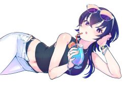  1girl :o black_hair black_panties black_shirt blue_hair blush bracelet cup drinking drinking_glass drinking_straw eyewear_on_head hair_between_eyes head_rest highres ichinose_uruha jewelry long_hair looking_at_viewer lupinus_virtual_games lying multicolored_hair navel necklace niboshidrip on_side open_mouth panties pants purple_eyes ring shirt simple_background sleeveless sleeveless_shirt solo streaked_hair sunglasses underwear virtual_youtuber vspo! watch white_background white_pants wristwatch 