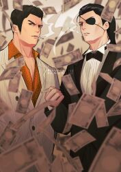  2boys black_hair black_pants chain_print cigarette collared_shirt eyepatch formal_clothes hair_slicked_back highres holding holding_cigarette jacket kiryu_kazuma long_hair looking_at_viewer majima_goro male_focus money multiple_boys open_clothes orange_shirt pants ponytail ryuu_ga_gotoku_(series) ryuu_ga_gotoku_0 shirt short_hair sideburns smoke smoke_trail smoking suit surumeika_rgg white_suit yakuza yen 