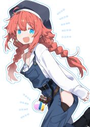  1girl :d ahoge beret black_shoes black_thighhighs blue_bra blue_eyes blue_hat blue_overalls blue_panties bra bra_peek braid breasts clothing_cutout collared_shirt colored_eyelashes commentary_request earrings hat highres jewelry long_hair long_sleeves looking_at_viewer off_shoulder open_mouth overalls panties red_hair shirt shoes side_cutout sleeves_past_wrists small_breasts smile snack_nili solo star_(symbol) star_earrings strap_slip thighhighs tor_(snack_nili) totomono twin_braids underwear virtual_youtuber white_background white_shirt 