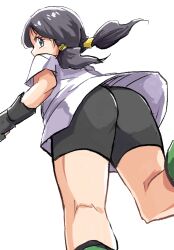  1girl ass bike_shorts black_gloves black_hair black_shorts blue_eyes boots dragon_ball dragonball_z female_focus gloves green_boots highres ikaringo_(ikaringo4444) looking_at_viewer looking_back shirt short_hair shorts simple_background solo twintails videl white_background white_shirt 